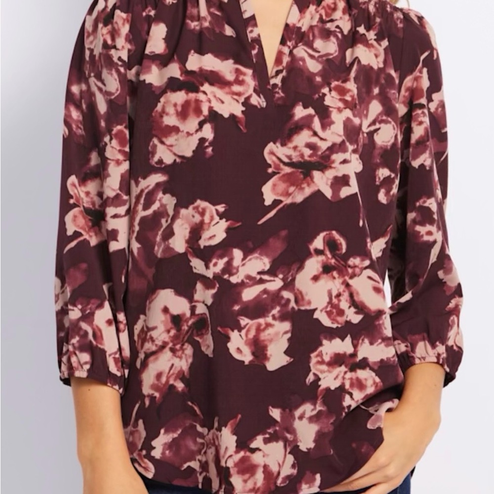 Floral V-Neck Women's Top - Burgundy and cream